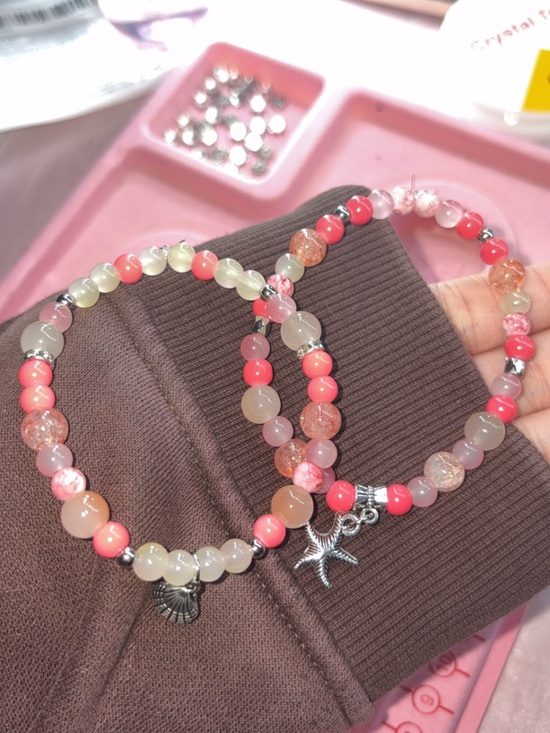homemade Jewelry - Coral & Blush Beaded Stretch Bracelet with Starfish Charm set of 2